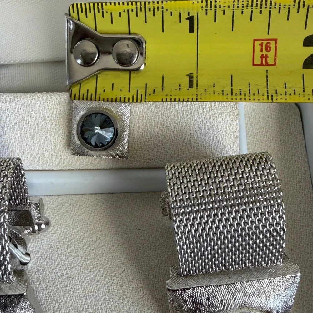 Vintage Esquire Dante Rivoli Rhinestone Mesh Cufflinks Tie Tack Set Silver Tone